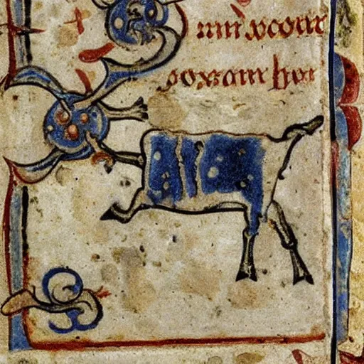 Image similar to a bad drawed cow mix of a seafish in a medieval manuscript, medieval manuscript, golden miniatures