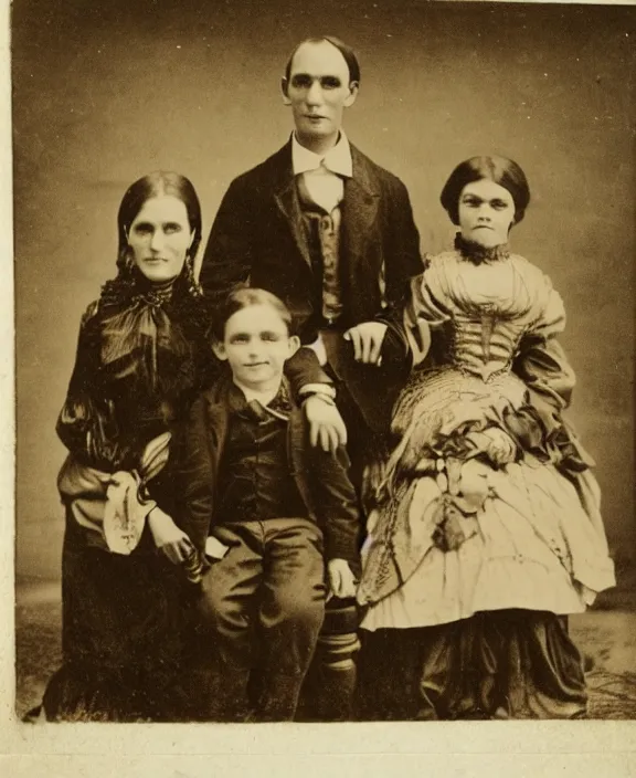 Image similar to a sepia photograph of a smiling victorian era family. in the background there is a strange and menacing steampunk cyborg