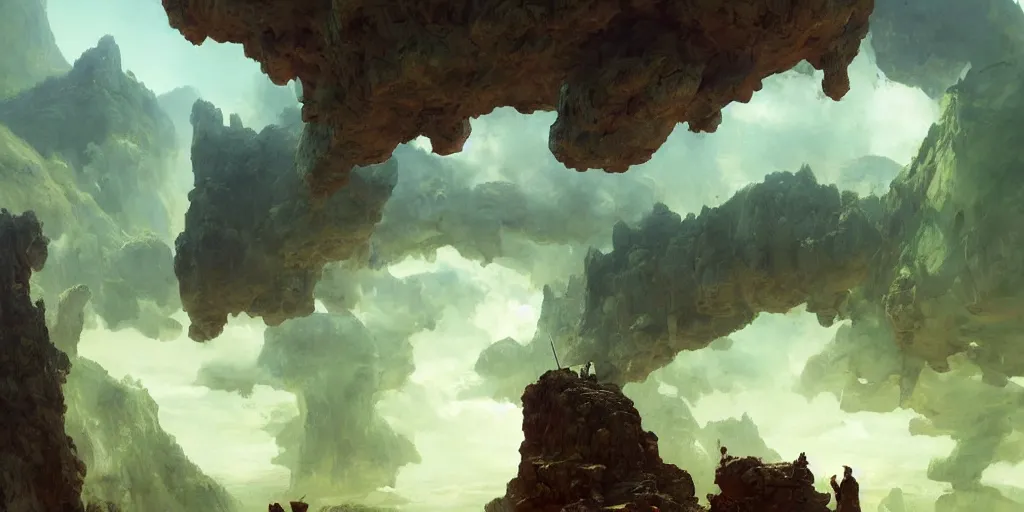 Prompt: huge cave ceiling clouds made of green earth towns, industry, villages castles, buildings inverted upsidedown mountain artstation illustration sharp focus sunlit vista painted by ruan jia raymond swanland lawrence alma tadema zdzislaw beksinski norman rockwell tom lovell alex malveda greg staples