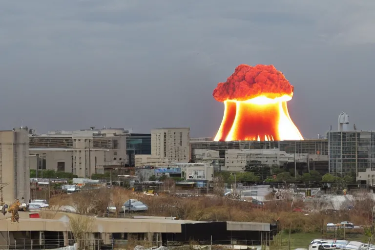 Prompt: nuclear explosion in the background of a furry convention