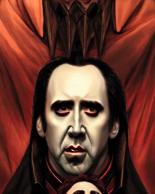 Image similar to nicolas cage as dracula, dogtooth, highly detailed, centered, artstation, concept art, smooth, sharp focus, illustration, bokeh art by artgerm and donato giancola and joseph christian leyendecker