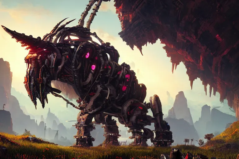 Image similar to grimhorn fanghorn machine mecanical creature robot of horizon forbidden west horizon zero dawn bioluminiscence global illumination ray tracing hdr fanart arstation by ian pesty and alena aenami artworks in 4 k