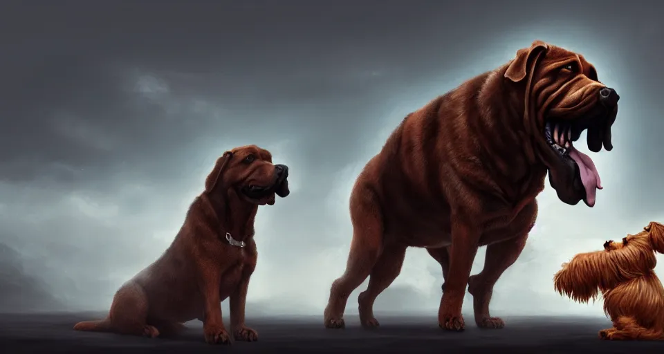 Image similar to a digital painting of a standoff between a very large dog facing a tiny dog, wide open drolling mouth, hyperealism, award winning, stunning, trending on art station, highly detailed, cinematic lighting, 8 k, hd