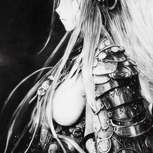 Prompt: yoshitaka amano blurred and dreamy of an anime girl with black eyes, wavy white hair and cracks on her face near eyes wearing elden ring armour with the cape fluttering in the wind, abstract black and white patterns on the background, noisy film grain effect, highly detailed, renaissance oil painting, weird portrait angle