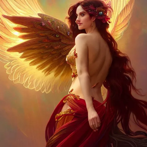 Image similar to a beautiful orchid phoenix angel woman, in an ornamented dress with large wings, volumetric light, god rays, 8 k high resolution, rubies, by greg rutkowski, artgerm, alphonse mucha