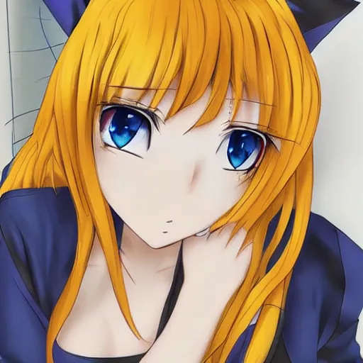 Prompt: anime cat girl with yellow hair and blue eyes