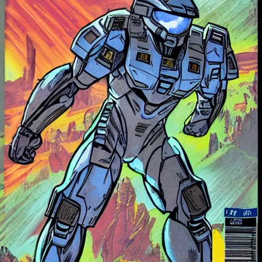 Prompt: Halo comic book, two pages, sharp focus, photograph of comic book, vibrant colours