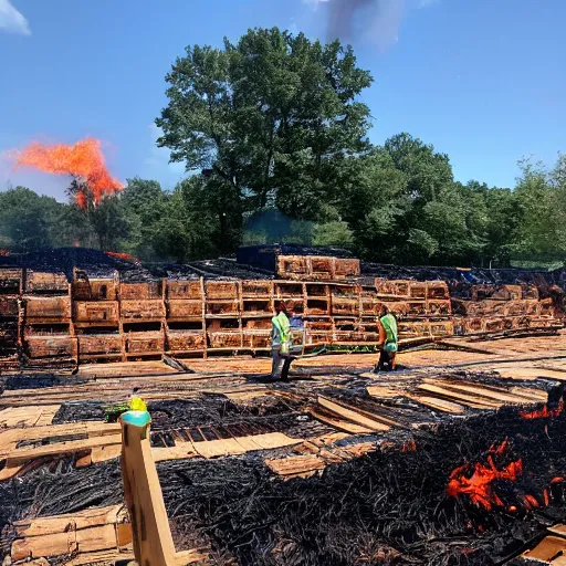 Image similar to Pallets stacked with bags of mulch at Lowe's, on fire