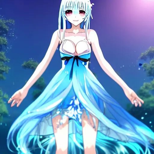 Image similar to a very beautiful anime girl wearing a dress made of water standing in a crystal lake , full body, long white hair with azure blue highlights blending into the dress , azure blue watery eyes, full round face, seductive over the shoulder glances , lens flare, cinematic lighting, medium shot, mid-shot, highly realistically detailed, trending on artstation, Unreal Engine 4k, Stanley Artgerm Lau, WLOP, Rossdraws, James Jean, Andrei Riabovitchev, Marc Simonetti, and Sakimichan