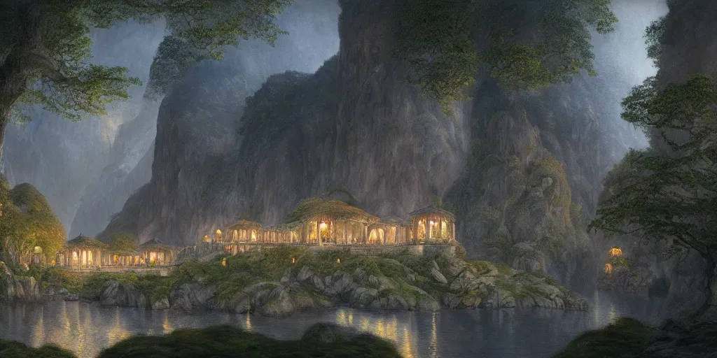 Prompt: The Pavilion at the gorge in Rivendell, evening, detailed matte painting, cinematic, Alan Lee, Artstation