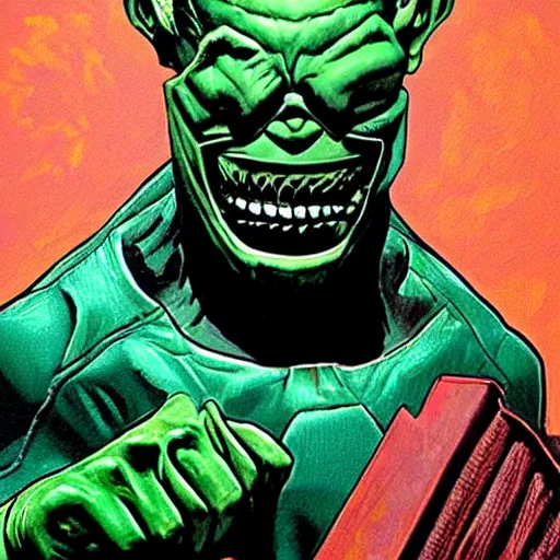 Image similar to the hip hop artist MF DOOM as the hulk