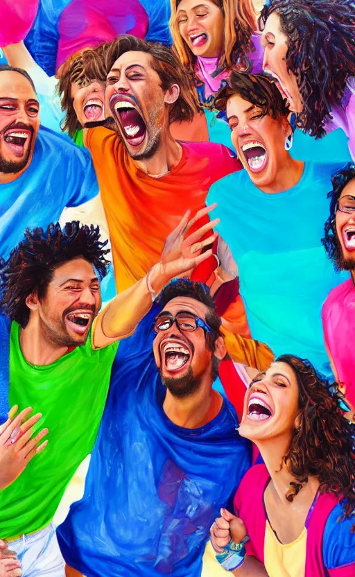 Prompt: amazing beautiful, detailed, photorealistic painting of a group of friends laughing together. the colors are very vibrant and the people in the photo look very happy. vibrant colors, very funny, personal, positive, visually pleasing, engaging and contains humans. high resolution. high quality. hq hd. trending on artstation.