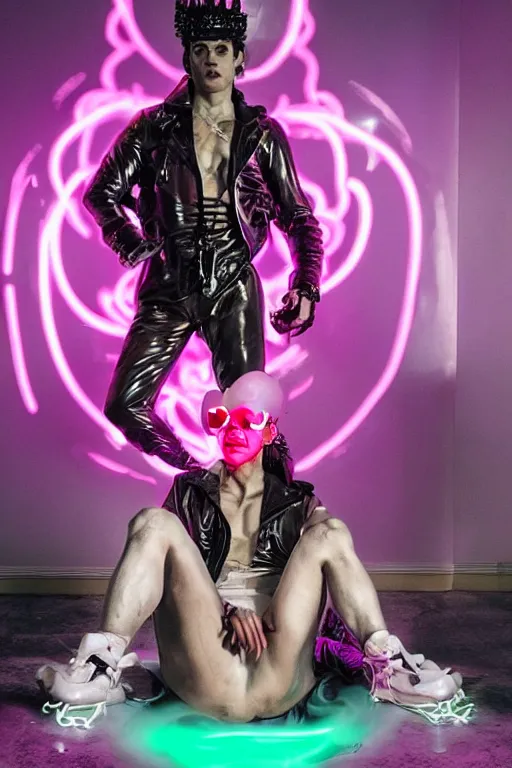 Image similar to full-body rococo and cyberpunk style neon statue of a muscular attractive Sean Mendez wearing cholo shades macho dotado e rico android sim roupa reclining con las piernas abertas e la piroca dura, ethereal white dripping tar, glowing orange lasers, pink tigers, glowing eyes, silver prince crown, black gears, pink diamonds, swirling mint-colored silk fabric. futuristic elements. full-length view. human skulls. large intricate artwork by caravaggio. Trending on artstation, octane render, cinematic lighting from the right, hyper realism, octane render, 8k, depth of field, 3D