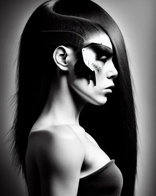 Image similar to a profile portrait, a stunning young woman - cyborg with a mutant crow head, editorial photography, bw, by roman sustov, shot on 7 0 mm, depth of field, f / 2. 8, high contrast, 1 6 k, volumetric lighting, shiny, insanely detailed and intricate, hypermaximalist, elegant, ornate, hyper realistic, super detailed