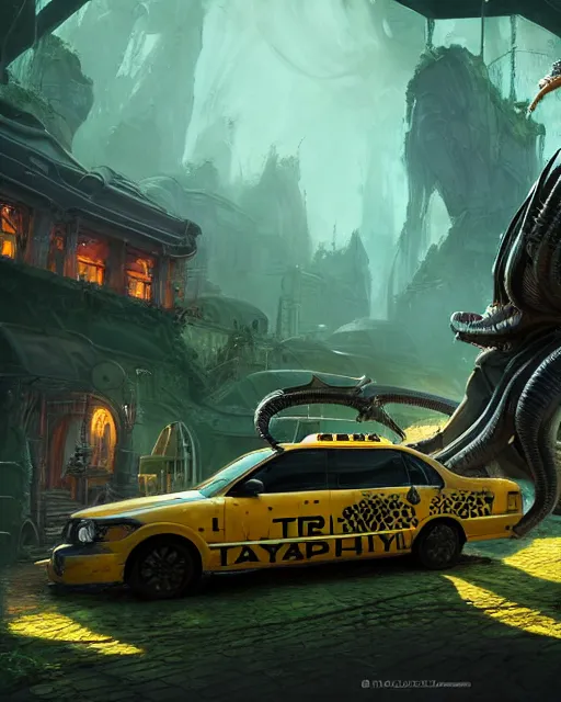 Image similar to xenomorph taxi car in a fantasy village, calming, uplifting mood, ultra realistic, farm, small buildings, highly detailed, epic lighting, bright light, full of color, illuminated, cinematic, morning, art by eddie mendoza