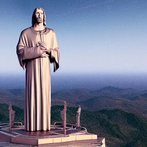 Prompt: highly detailed render of keanu reeves as Cristo Redentor statue in the style of Beeple, artstation art