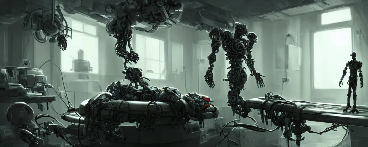 Image similar to an intricate concept art of a man in the hospital as experimental mechanical robot, concept art, style by dylan cole and tyler edlin art, hyper realistic, sci - fi, environment design, low - angle shot, unreal engine, epic lighting,