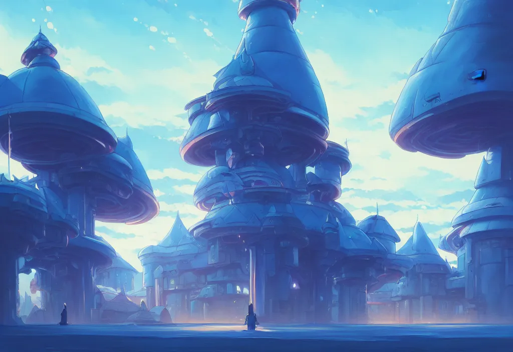 Image similar to a small chubby blue futuristic castle at dawn, intricate oil painting, high detail illustration, sharp high detail, manga and anime 1 9 9 9, official fanart behance hd artstation by jesper ejsing and makoto shinkai, 4 k,