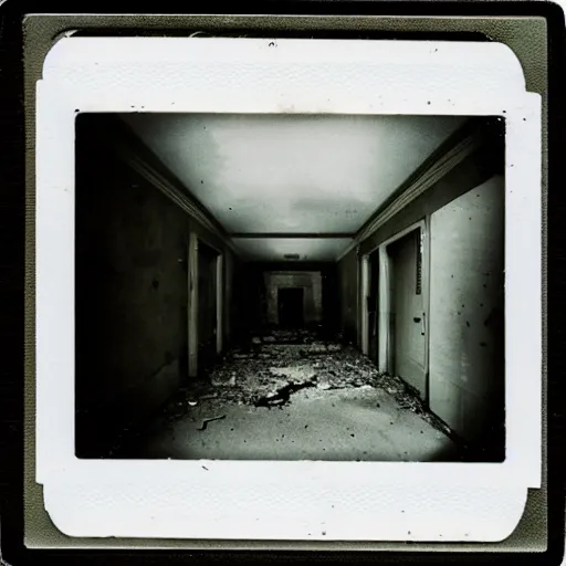 Image similar to polaroid photo of abandoned asylum with ghosts, scary, moody, dark, gloomy, paranoid