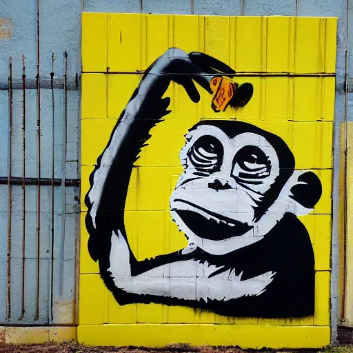 Image similar to monkey eats a banana, graffiti, photograph, made by banksy, yellow and brown colors, spray brush, midday, sunny, professional