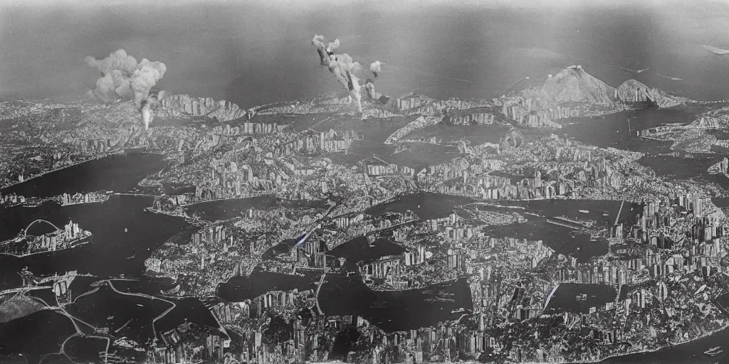 Image similar to the bombing of rio de janeiro ( 1 9 3 0 ), historical photograph, highly detailed, 4 k, real, aerial bombing