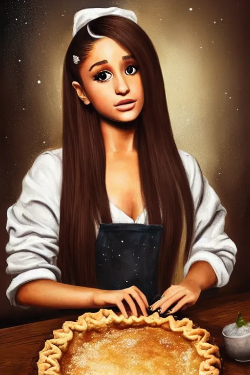 Prompt: romanticism painting of ( ( ariana grande ) ) in a rustic style kitchen, baking apple pie, symmetrical face, beautiful eyes, cottagecore, artstation, 8 k, highly detailed