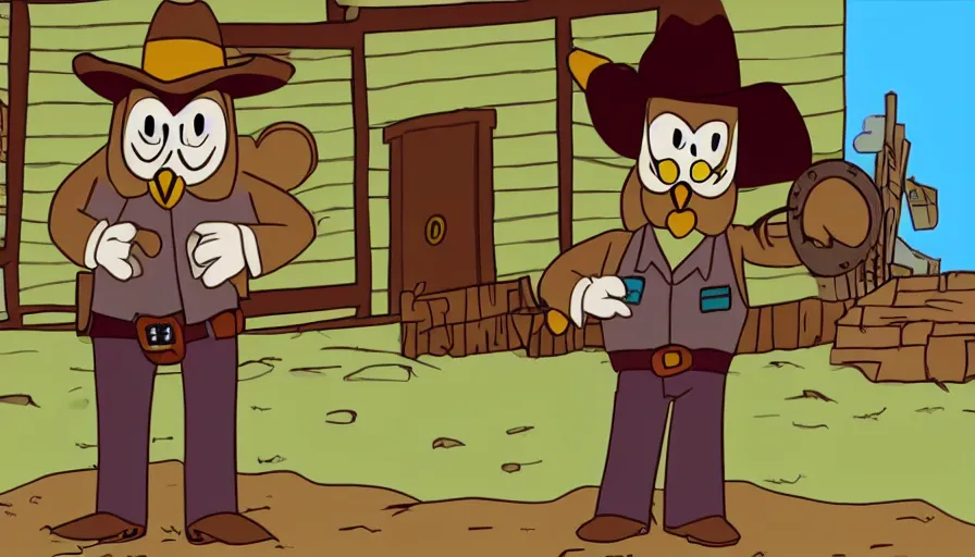 Image similar to 2000s cartoon show screenshot about a gunslinging owl from the wild west, wearing a cowboy hat an eye mask, standing in an old west town the animated show, in the style of cowboys of moo mesa