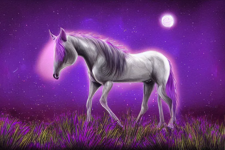 Image similar to a digital painting of a sad horse that's lost on an extraterrestrial planet, strange plants, purple lighting, night sky, glows,