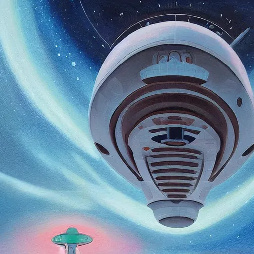 Prompt: Beautiful city of the future in harmony with nature, spaceship in the sky. Nice colour scheme, soft warm colour. Beautiful painting by Lurid. (2022)