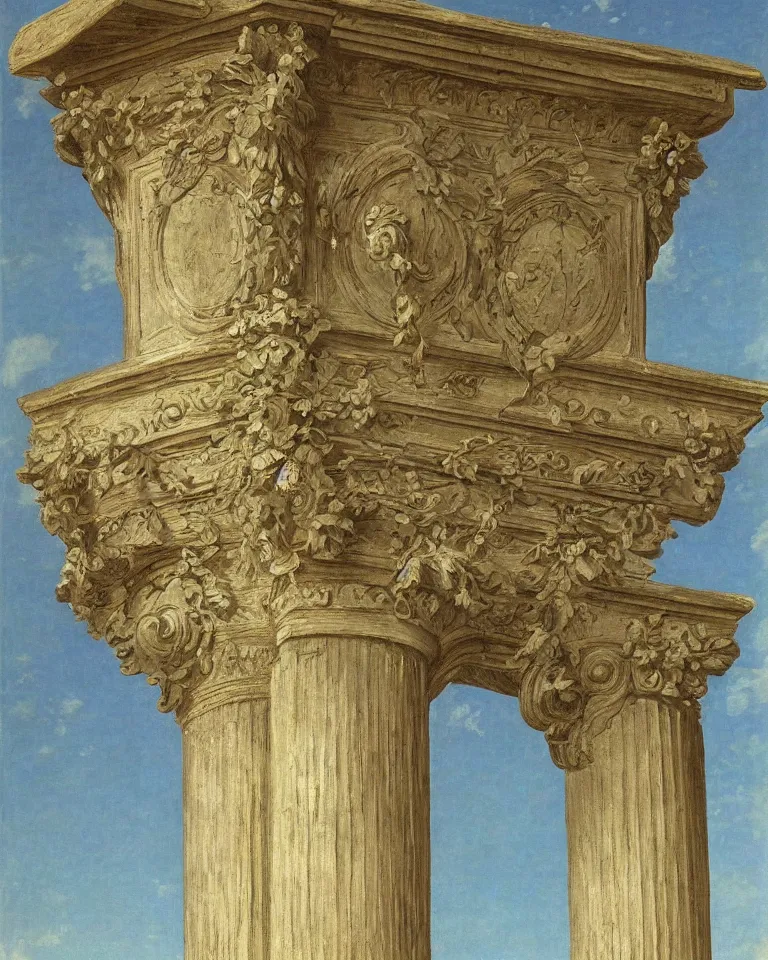 Prompt: achingly beautiful painting of intricate ancient roman corinthian capital on floral background by rene magritte, monet, and turner. giovanni battista piranesi.