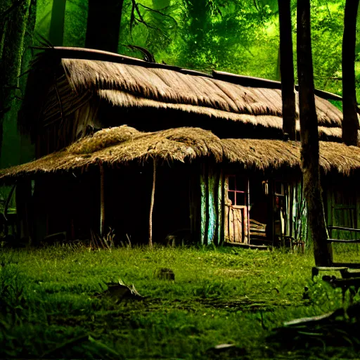 Image similar to a cinematic movie shot of a rustic multi-story ramshackle hut in the magical forest