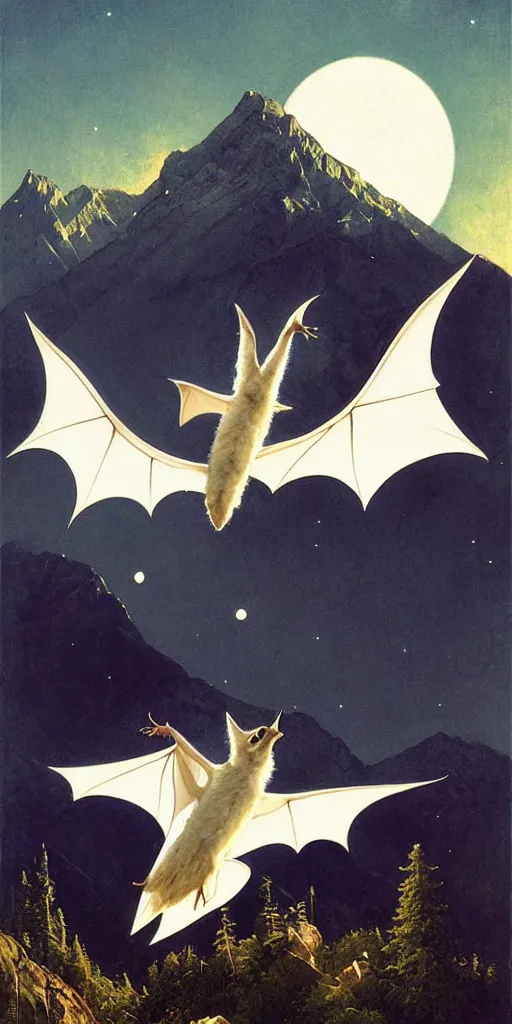 Image similar to a white bat, flying against a night sky, mountain in the background, moonlight, denoised, very detailed, painted by james gurney, norman rockwell, tom bagshaw