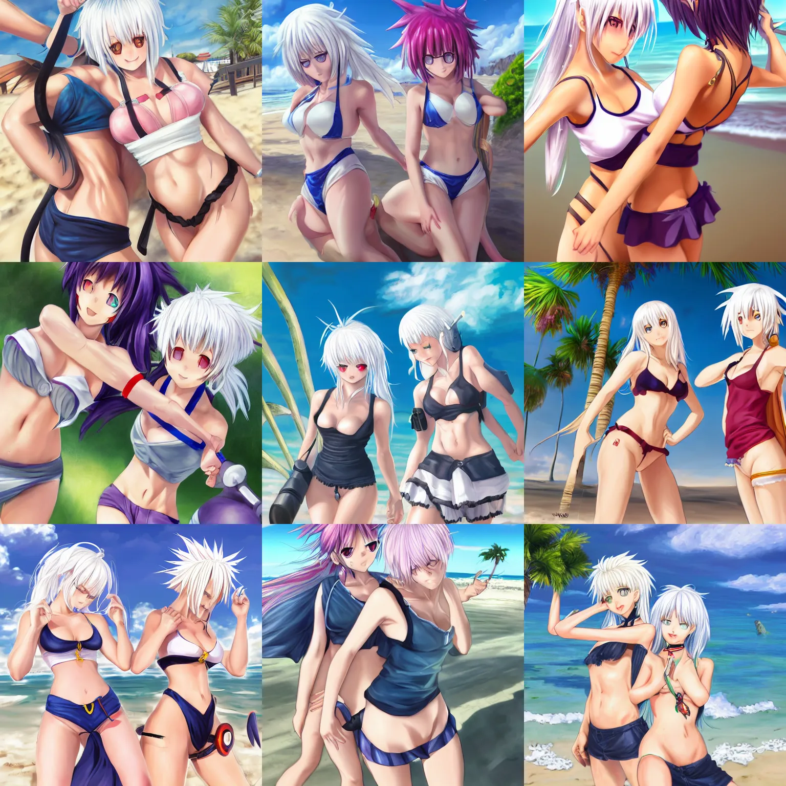Prompt: An illustration of two tank top-clad girls as ToLoveRu, white hair, playing at beach, back to back, digital painting, concept art, highly detailed, sharp focus, sunny, art by Yabuki Kentarou, trending on Pixiv.