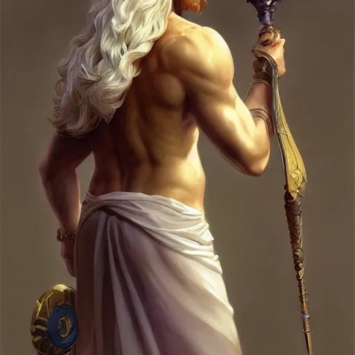 Image similar to Apollo the pale blond Greek God league of legends on his day off, long fluffy curly blond hair, highly detailed, digital painting, artstation, concept art, smooth, sharp focus, illustration, ArtStation, art by artgerm and greg rutkowski and alphonse mucha and Edmund Blair Leighton and Charlie Bowater