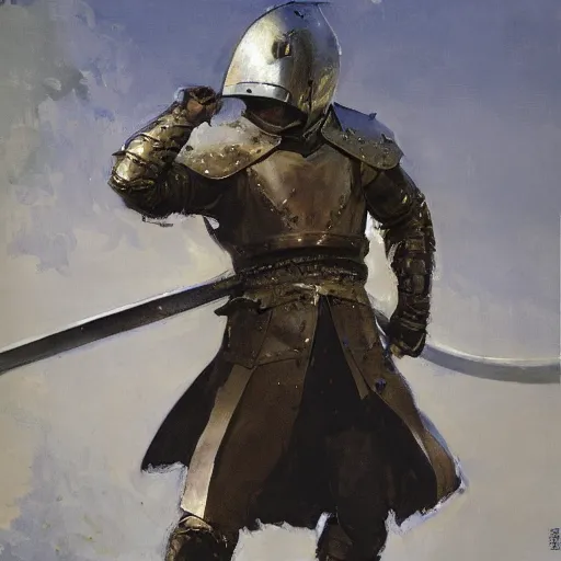 Image similar to portrait of man wearing gambeson and sallet helmet, swinging sword, fighting, detailed by greg manchess, craig mullins, bernie fuchs, walter everett