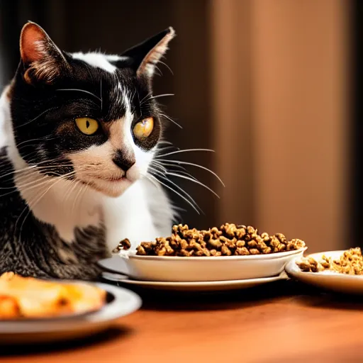 Image similar to A photo of a cat wearing a suit sitting in a fancy and expensive gourmet restaurant and eating a plate of cat food. f/2.8, dim lighting, award winning photo