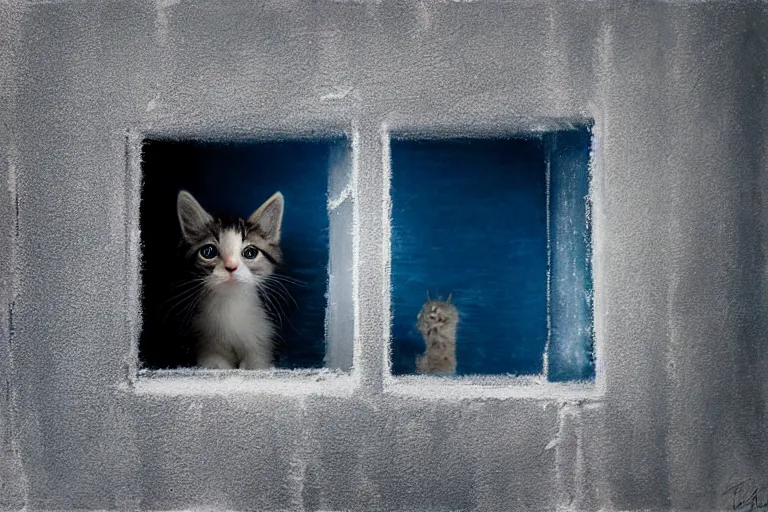 Image similar to a cinematic painting of an kitten inside of jail cell looking out of a small frosted window, beautiful lighting, high depth, ultra realistic, artistic, by gregory crewdson, blue color theme