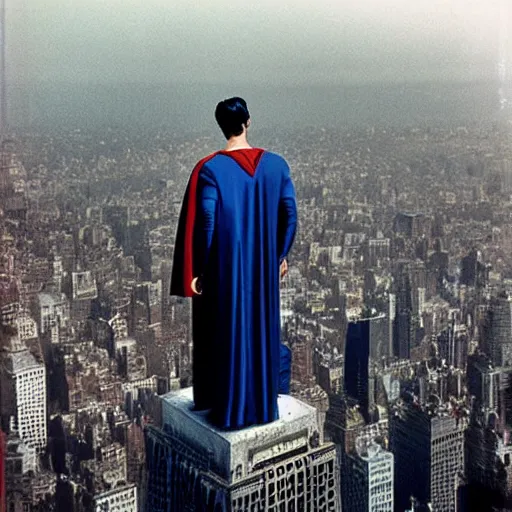 Image similar to superman from back sitting on chair standing on top of the empire state building strong stance photo by annie leibovitz