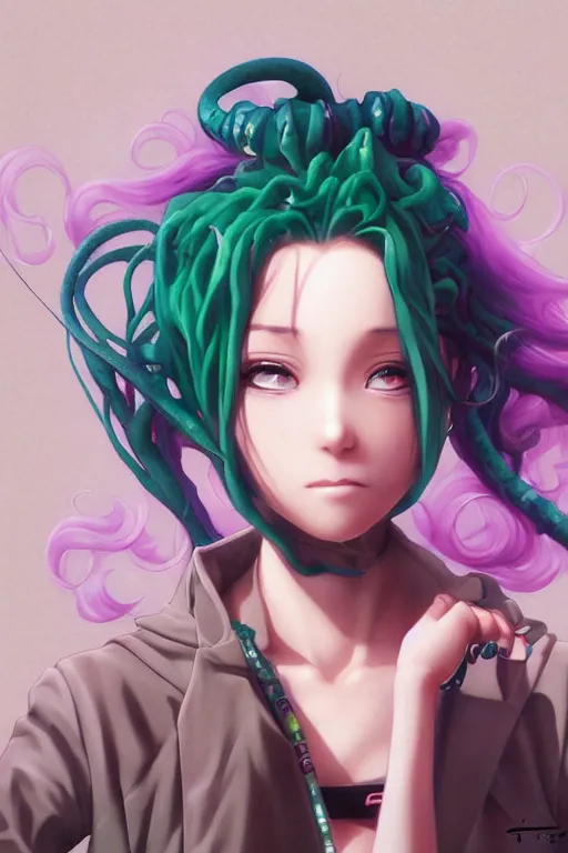 Image similar to portrait of an anime manga girl with green snake dreads, straight on, by artgerm, james jean, tom bagshaw, gerald brom, vaporwave colors, lofi colors, vaporwave, lofi, goth vibe, 4 k, smooth, hd, substance designer render, full body character concept art, symmetrical,