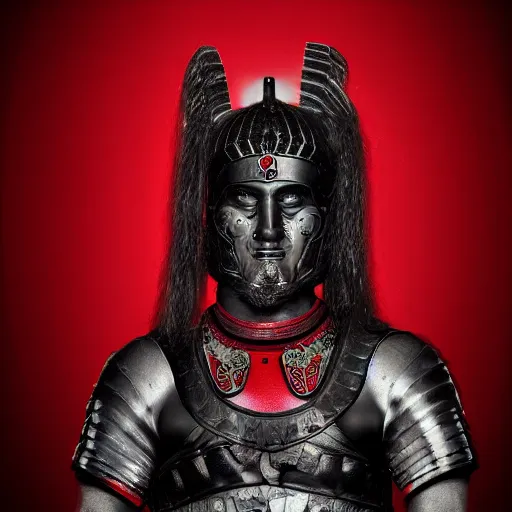 Image similar to portrait of an ancient warrior red and black theme studio photo realistic