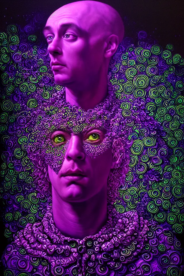 Image similar to bizarre purple blacklight detailed renaissance portrait of cookie monster as a highly detailed realistic real life person, dramatic cinematic lighting, 8 k, beautiful intricate painting by james r eads, ron mueck and tomasz alen kopera