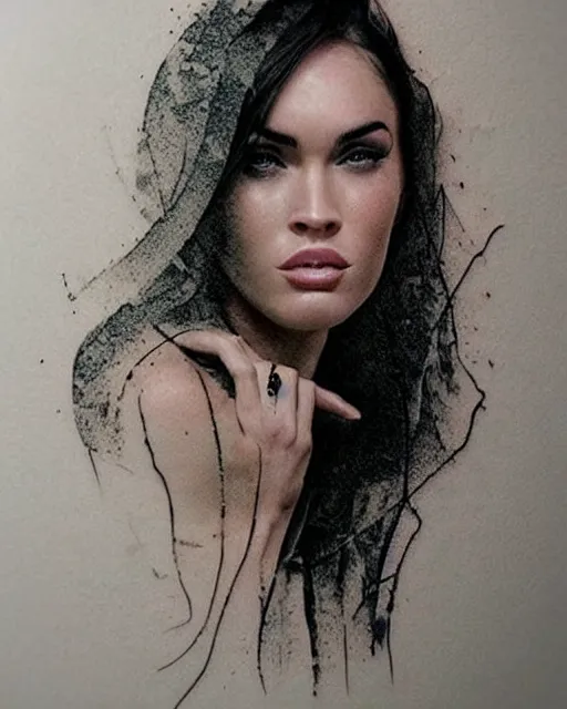 Prompt: megan fox face faded in beautiful mountains, double exposure effect, medium sized tattoo sketch, amazing detail, trending on pinterest, in the style of brandon kidwell