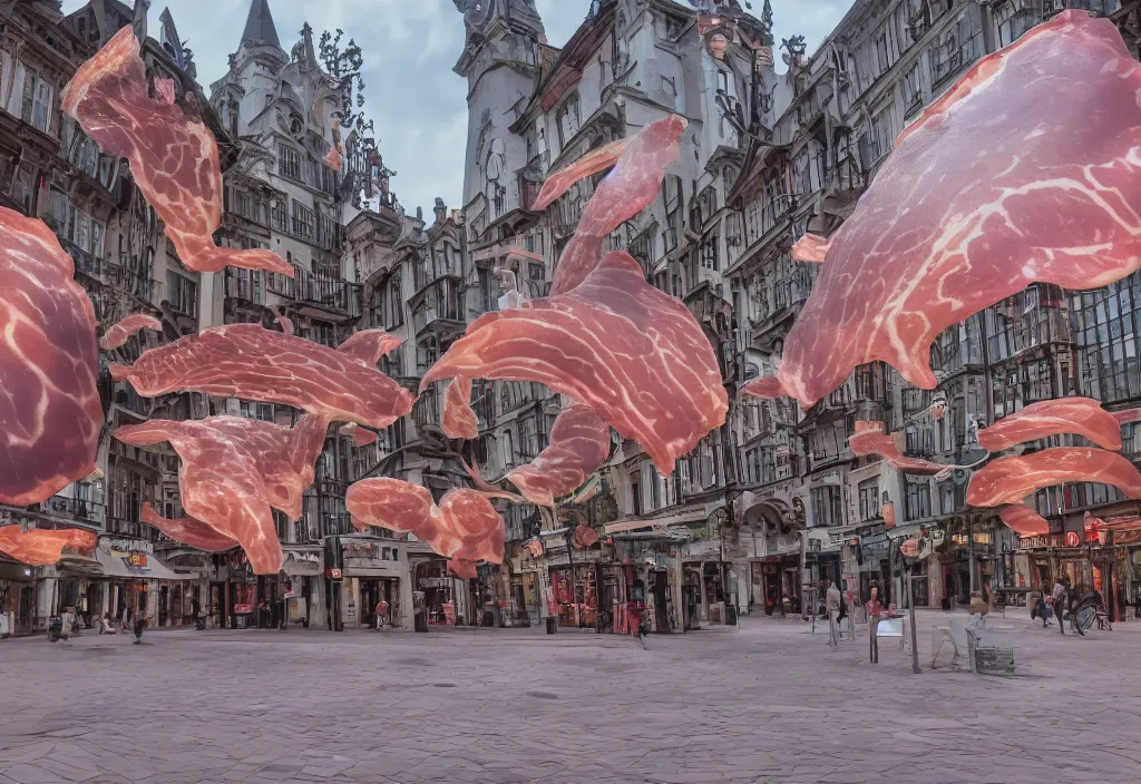 Image similar to 3 d 🥓 popping out of curved screens, town square, volumetric lighting, creterion collection, shot on 7 0 mm, instax