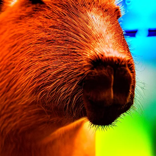 Prompt: capybara chews on a nvidia gpu, wildlife photography, kodak gold 2 0 0, depth of field, f / 2 2, neon lamp, volumetric lighting, award - winning photo