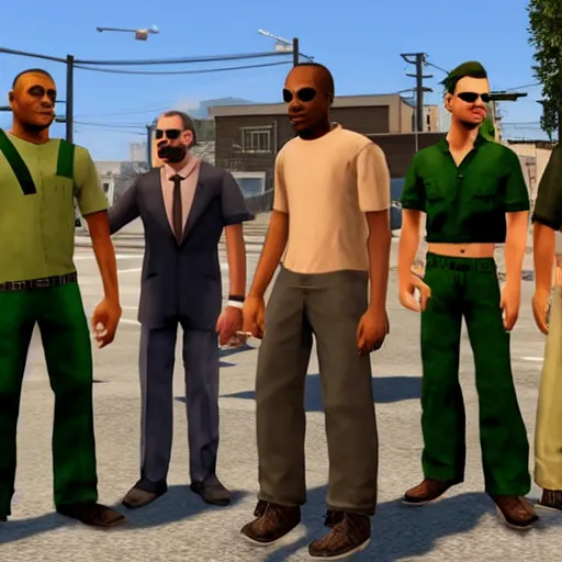 Prompt: all the gta characters meeting up in grove street