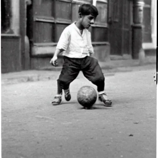 Image similar to a boy playing with a ball in the street in 1 9 2 0