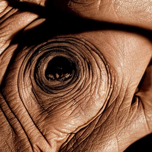 Prompt: closeup photograph of an old, wrinkled hand. Macro details. Shallow depth of field. Strong keylight.