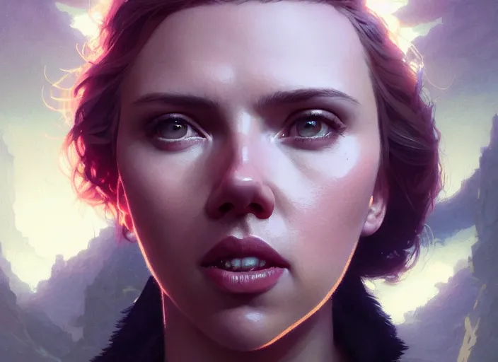 Image similar to highly detailed portrait of scarlett johansson, stephen bliss, unreal engine, art by greg rutkowski, loish, rhads, ferdinand knab, makoto shinkai and lois van baarle, ilya kuvshinov, rossdraws, tom bagshaw, global illumination, radiant light, detailed and intricate environment