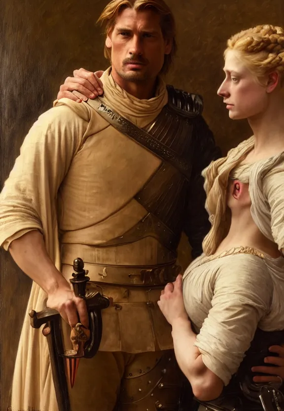 Image similar to attractive handsome fully clothed jaime lannister confesses his love for attractive fully armored brienne of tarth. centered composition. highly detailed painting by gaston bussiere and j. c. leyendecker and william adolphe bouguereau and fra angelico and octane render, musee d'orsay 8 k