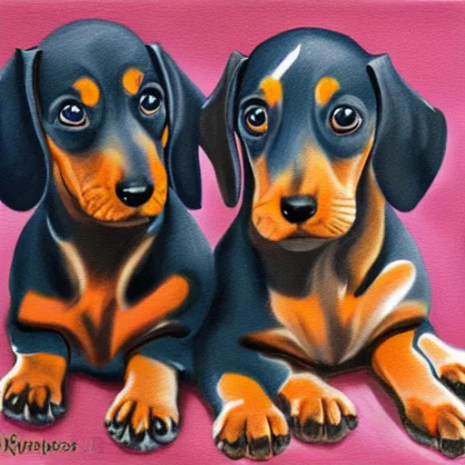 Image similar to color painting of dachshund puppies cuddling together